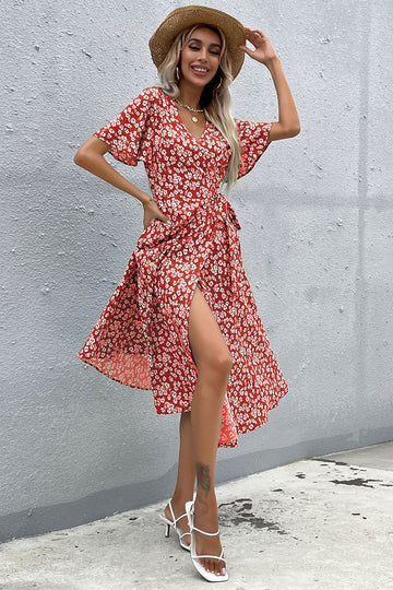 Floral Decote em V Vermelho Vestido Verão com Fenda